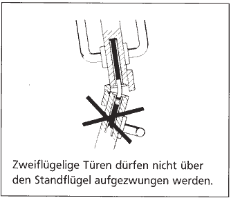 Zweifl&uuml;gelige T&uuml;ren d&uuml;rfen nicht &uuml;ber den Standfl&uuml;gel aufgezwungen werden.