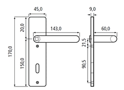 Maße und Zeichnung einer Kurzschildgarnitur für Brandschutztüren