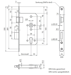 Maßangaben Zeichnung und Skizzen für Einsteckschloss für feuerhemmende Stahlblechtürentüren (FH-Türen) Schloss mit breiteren Stulpblech 24 mm