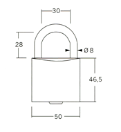 Maße für Vorhangschloss, Bügel 8 mm Durchmesser